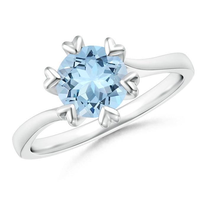 Heart Prong-Set Round Aquamarine Solitaire Engagement Ring