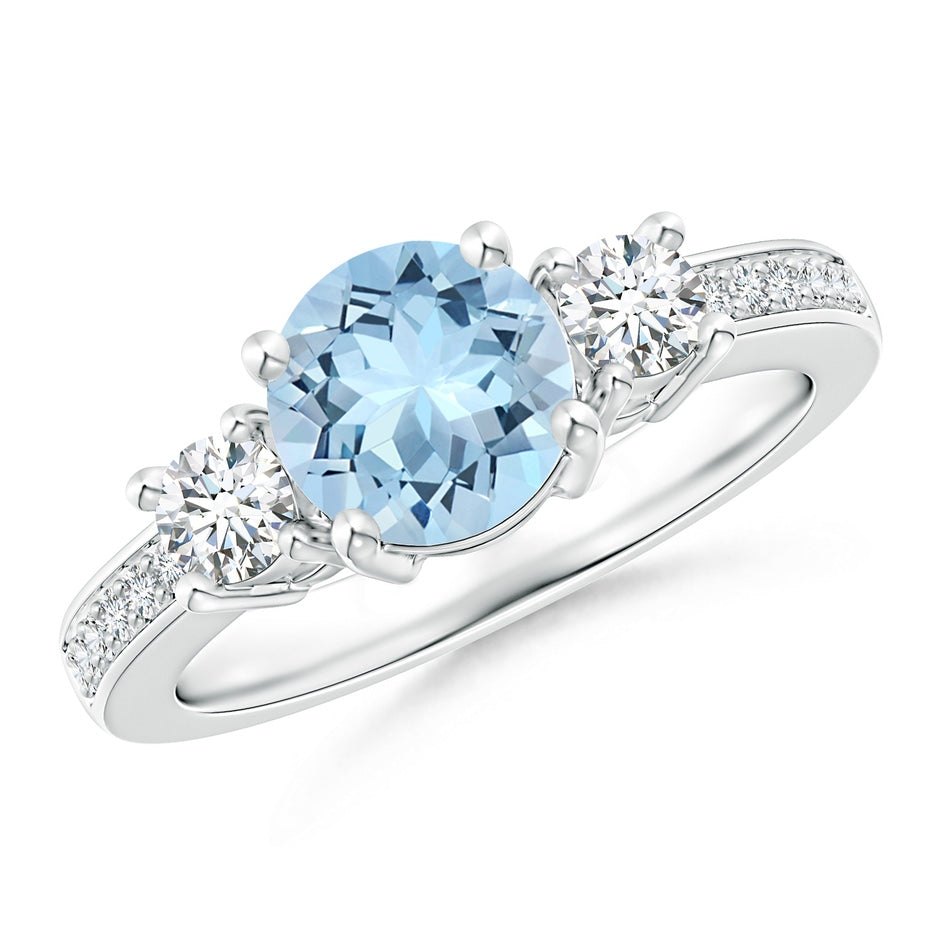 Classic Three Stone Round Aquamarine and Diamond Engagement Ring