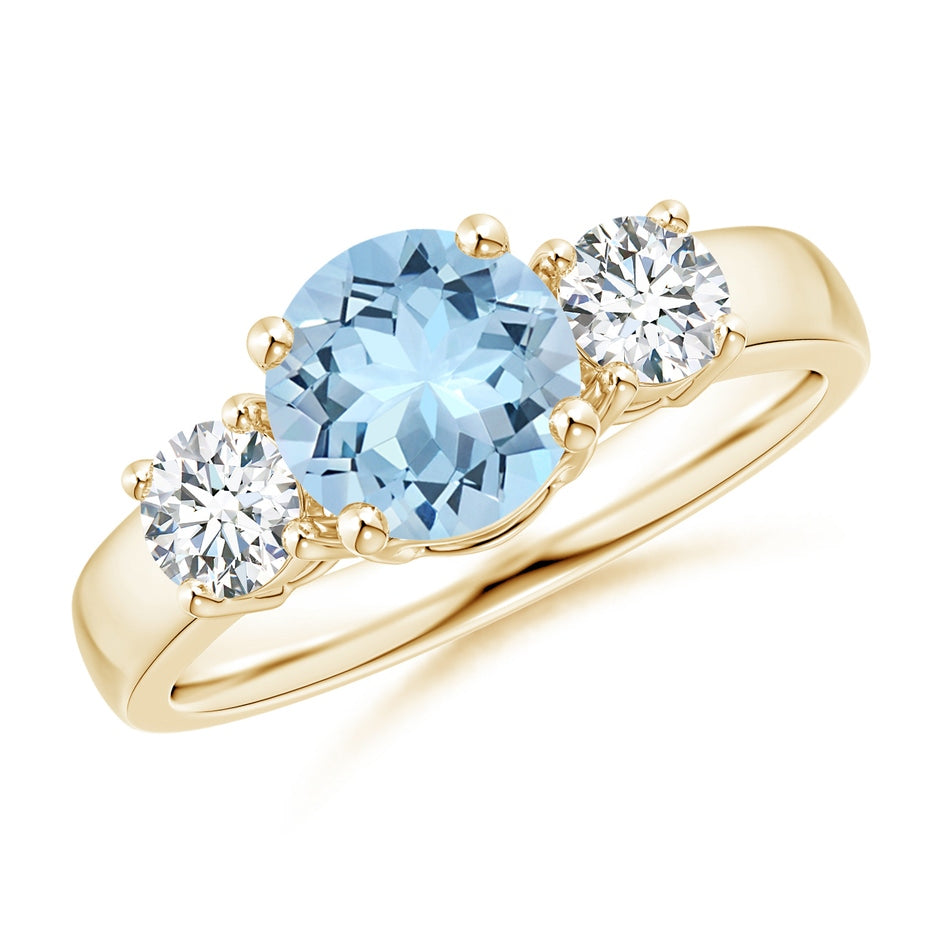 Classic Round Aquamarine and Diamond Three Stone Engagement Ring