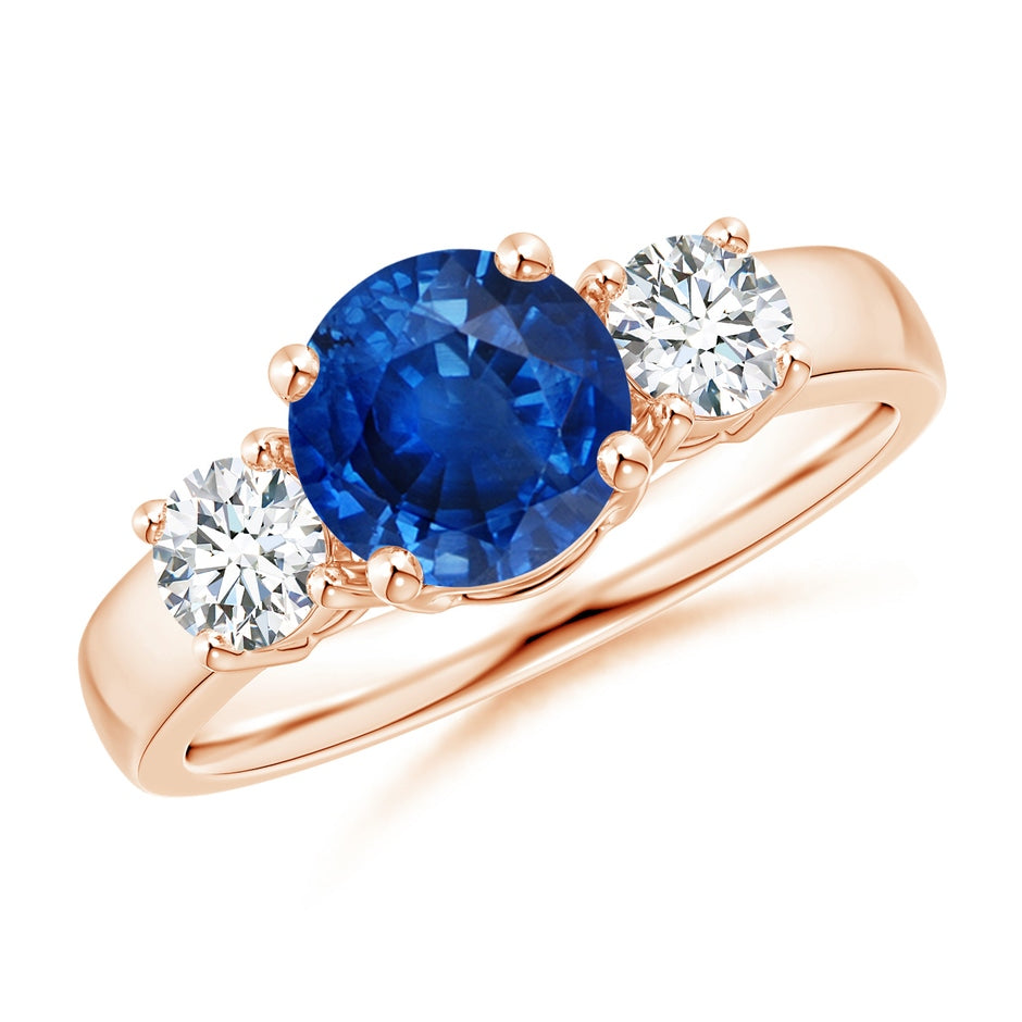 Classic Round Blue Sapphire and Diamond Three Stone Engagement Ring
