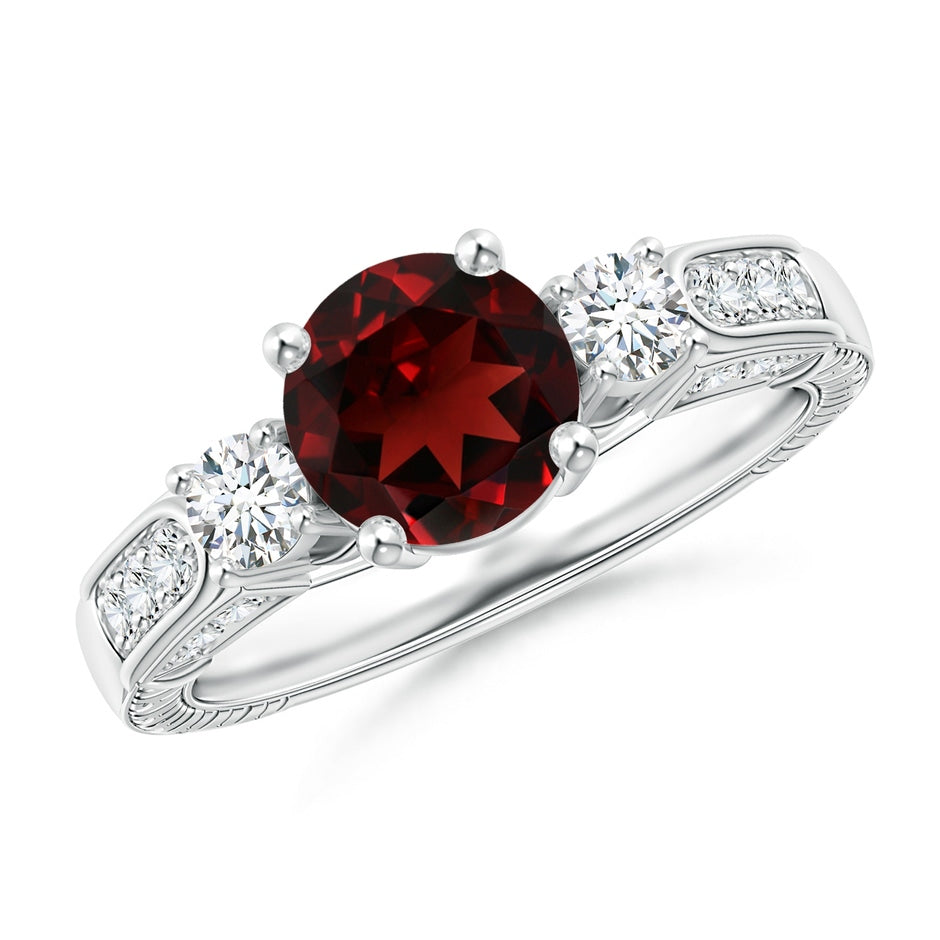 Three Stone Round Garnet and Diamond Ring