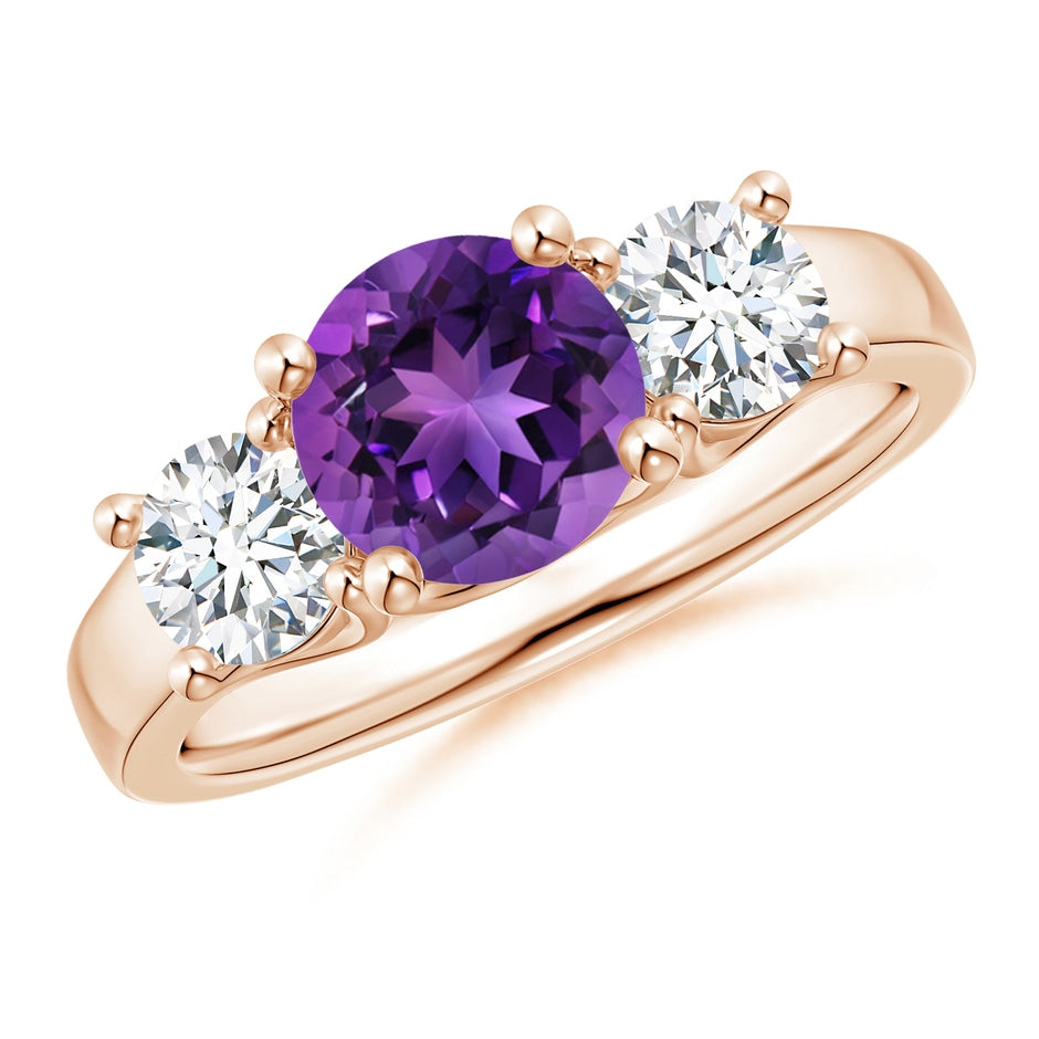 Classic Round Amethyst and Diamond Three Stone Ring