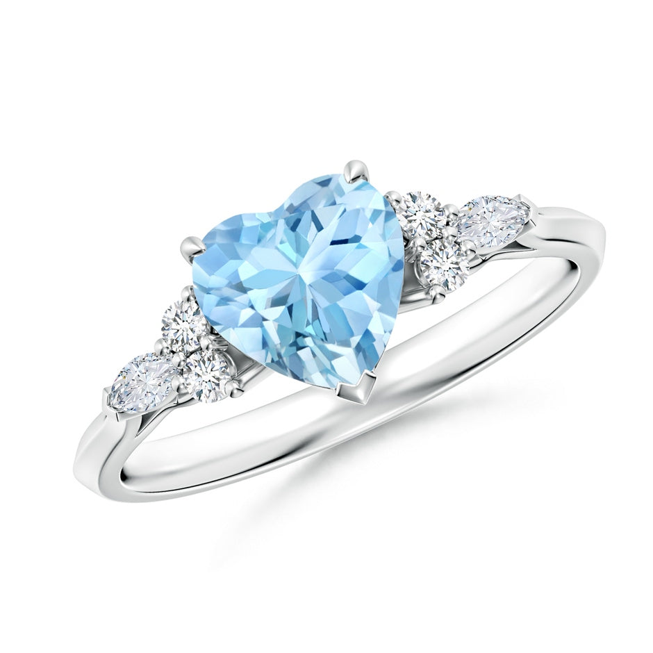 Heart-Shaped Aquamarine Side Stone Engagement Ring with Diamonds