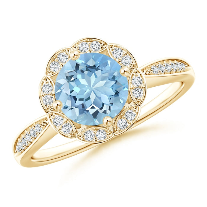 Round Floral Aquamarine Ring with Diamond Accents