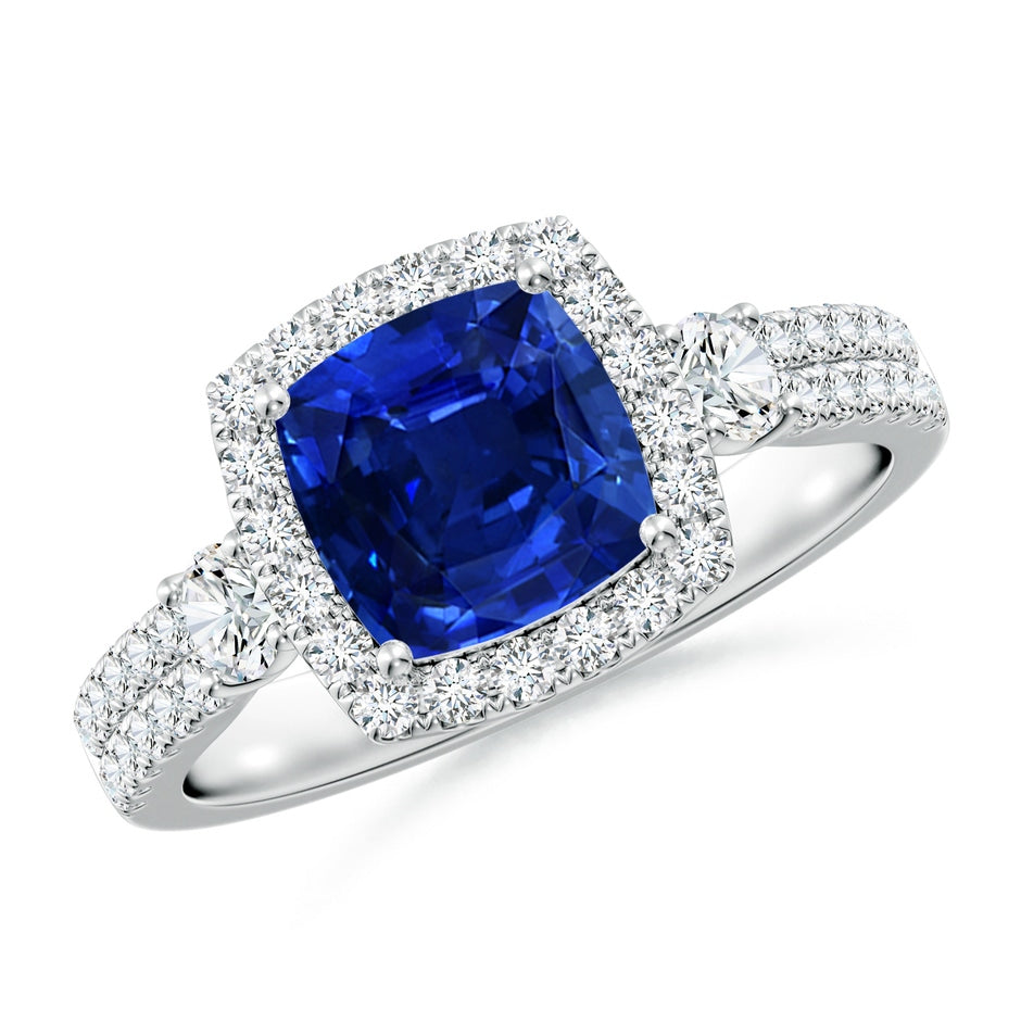 Cushion Lab-Grown Blue Sapphire Halo Double Shank Engagement Ring