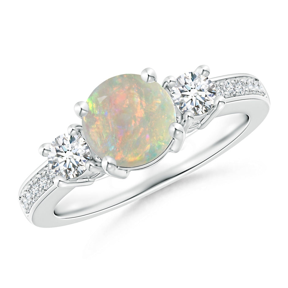 Classic Three Stone Round Opal and Diamond Engagement Ring