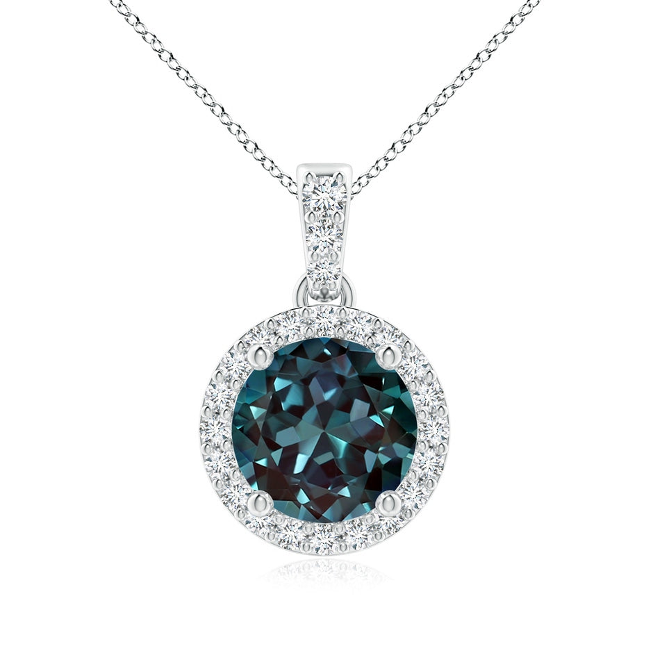 Round Lab-Grown Alexandrite Dangle Pendant with Halo