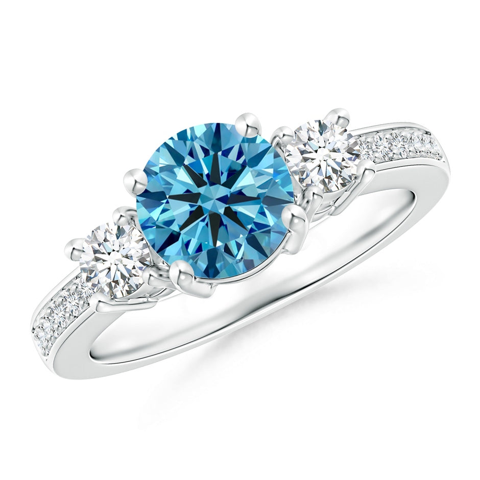 Classic Three Stone Round Lab-Grown Fancy Intense Blue and White Diamond Engagement Ring