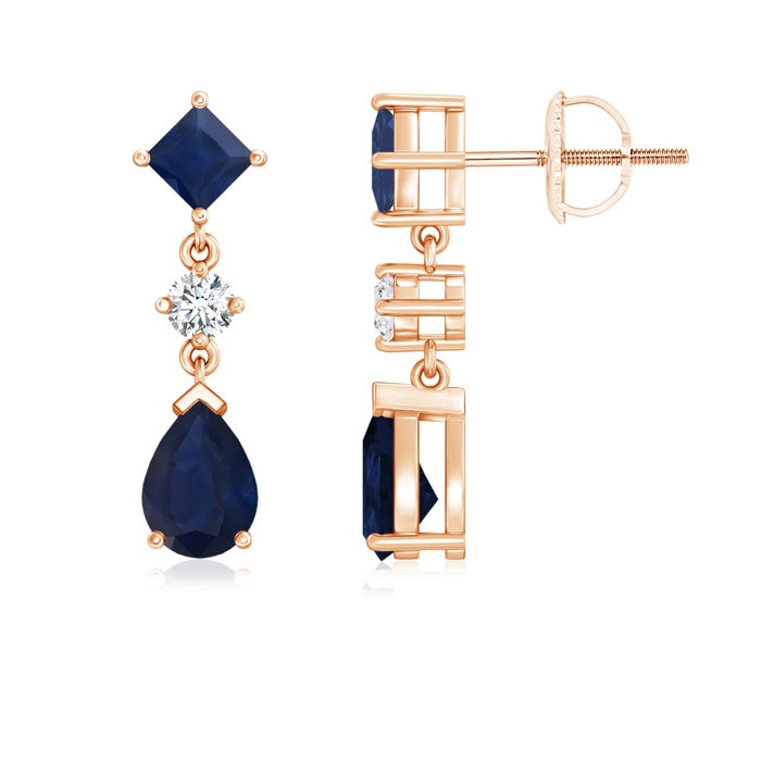 Square and Pear Blue Sapphire Drop Earrings with Diamond