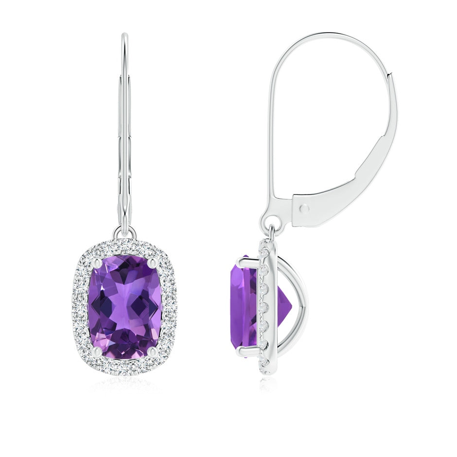 Cushion Amethyst Leverback Earrings with Diamond Halo