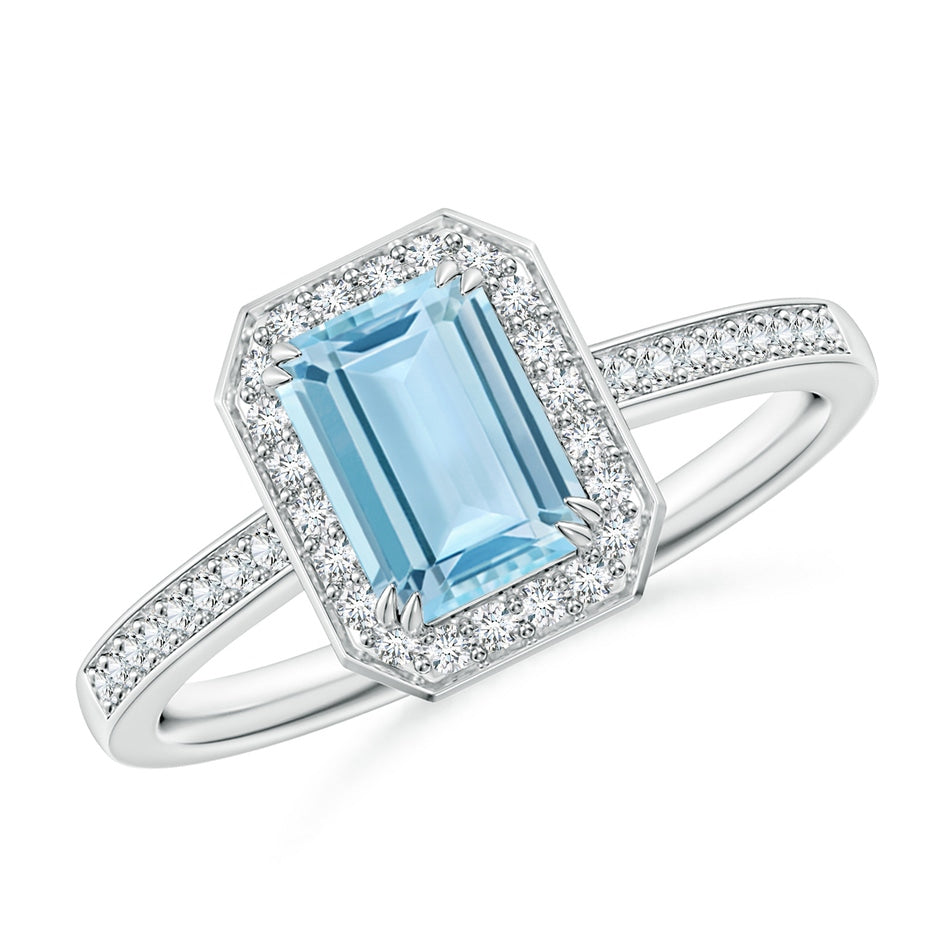 Emerald-Cut Aquamarine Engagement Ring with Diamond Halo