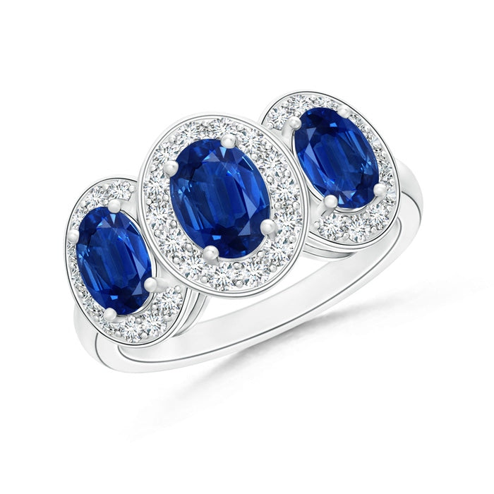 Classic Three Stone Blue Sapphire Ring with Diamond Halo