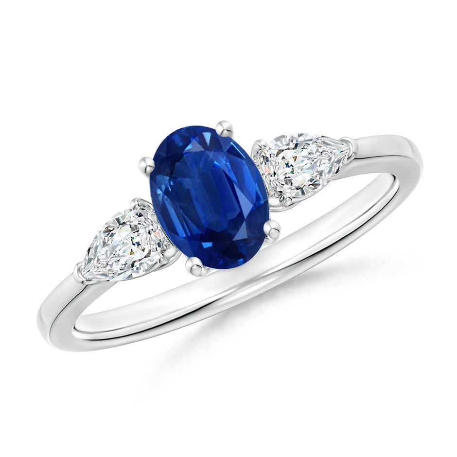 Oval Blue Sapphire Three Stone Ring with Pear Diamonds