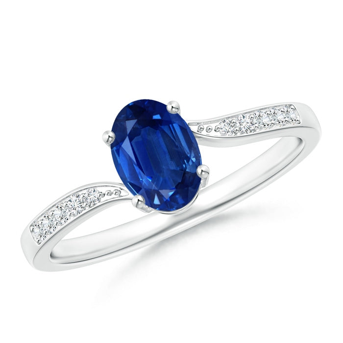 Solitaire Oval Blue Sapphire Bypass Ring with Pavé Diamonds