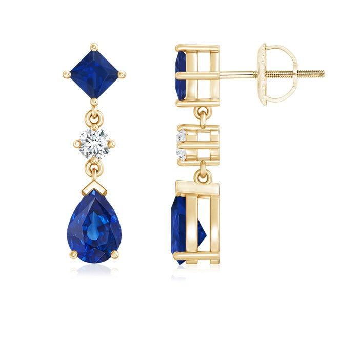 Square and Pear Blue Sapphire Drop Earrings with Diamond