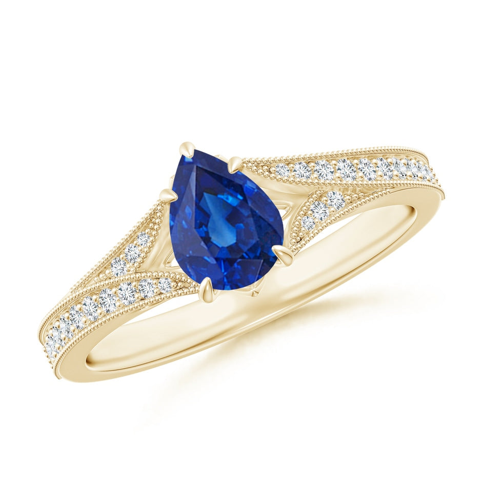 Vintage Inspired Pear Blue Sapphire Split Shank Engagement Ring
