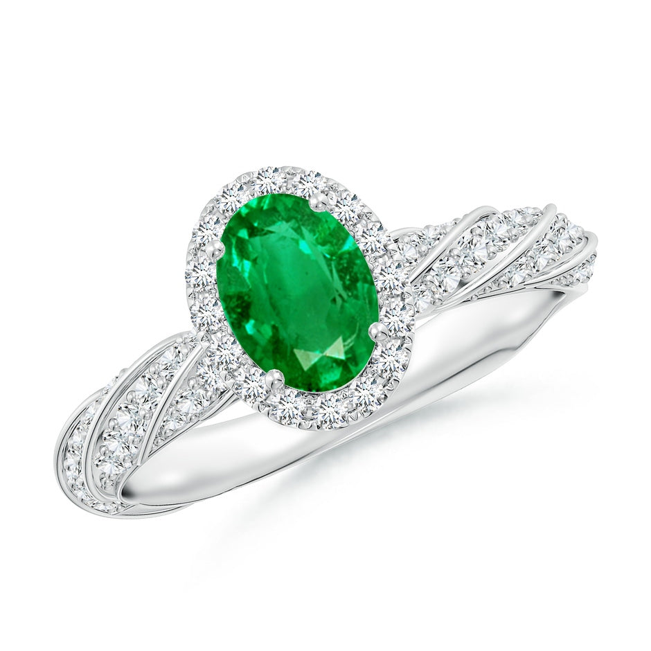 Oval Emerald Halo Twisted Rope Shank Engagement Ring