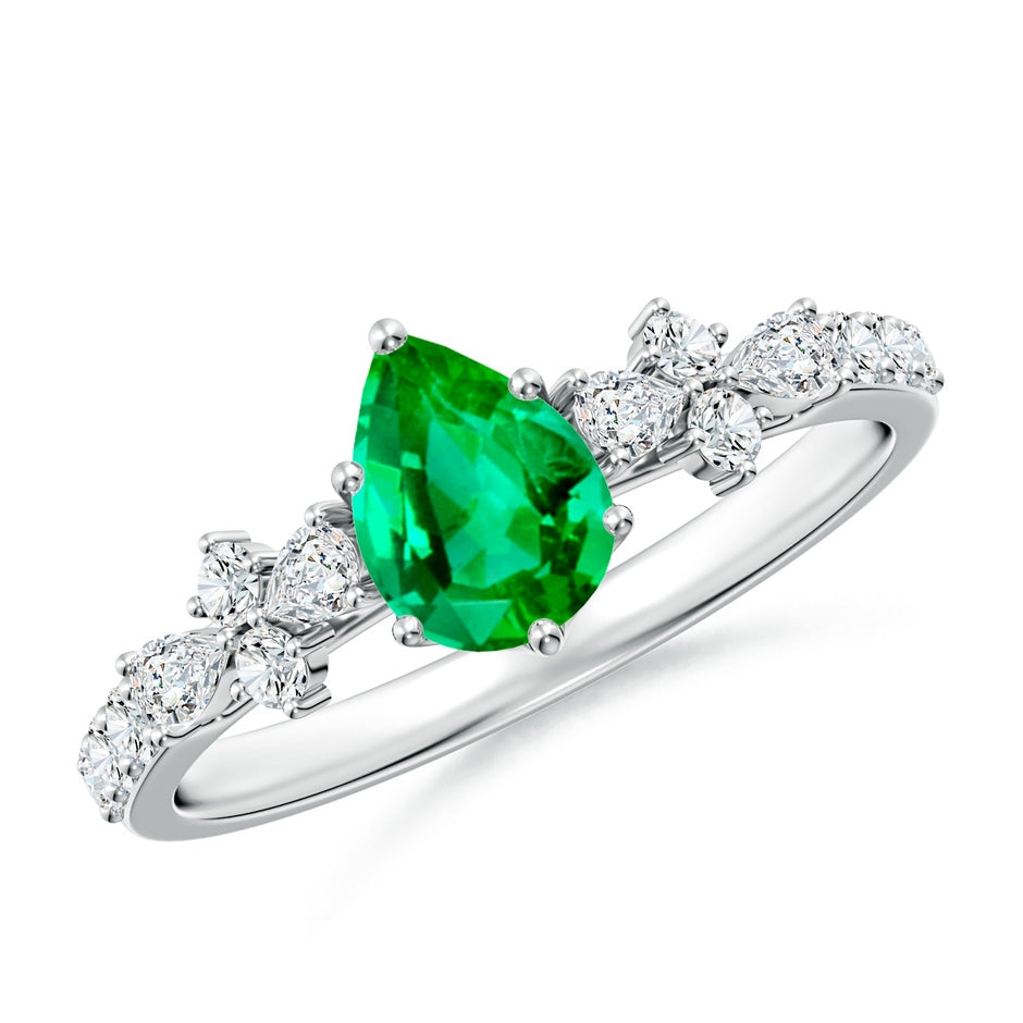Pear-Shaped Emerald Side Stone Engagement Ring with Accents