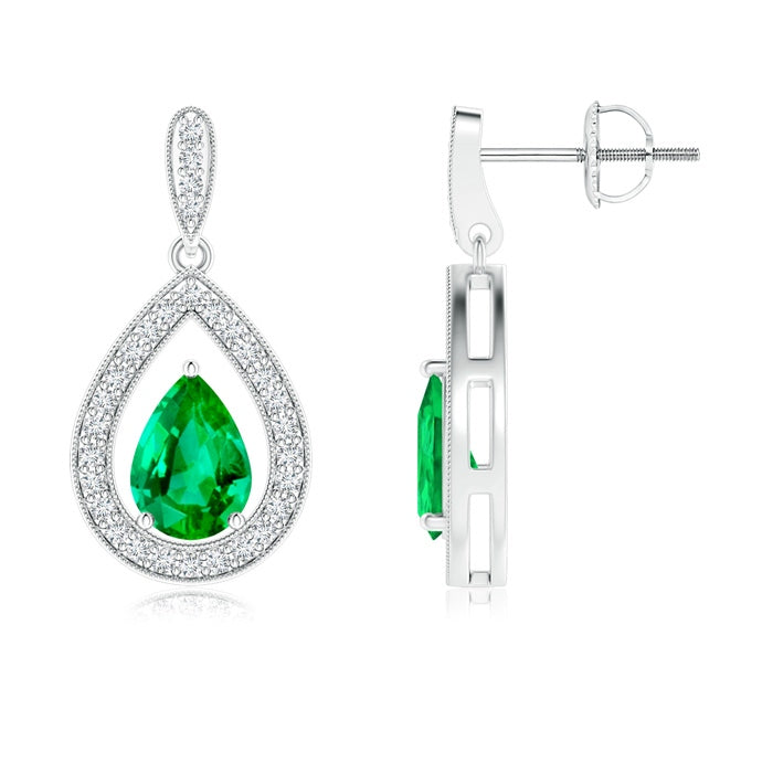 Pear Emerald Drop Earrings with Diamond Halo