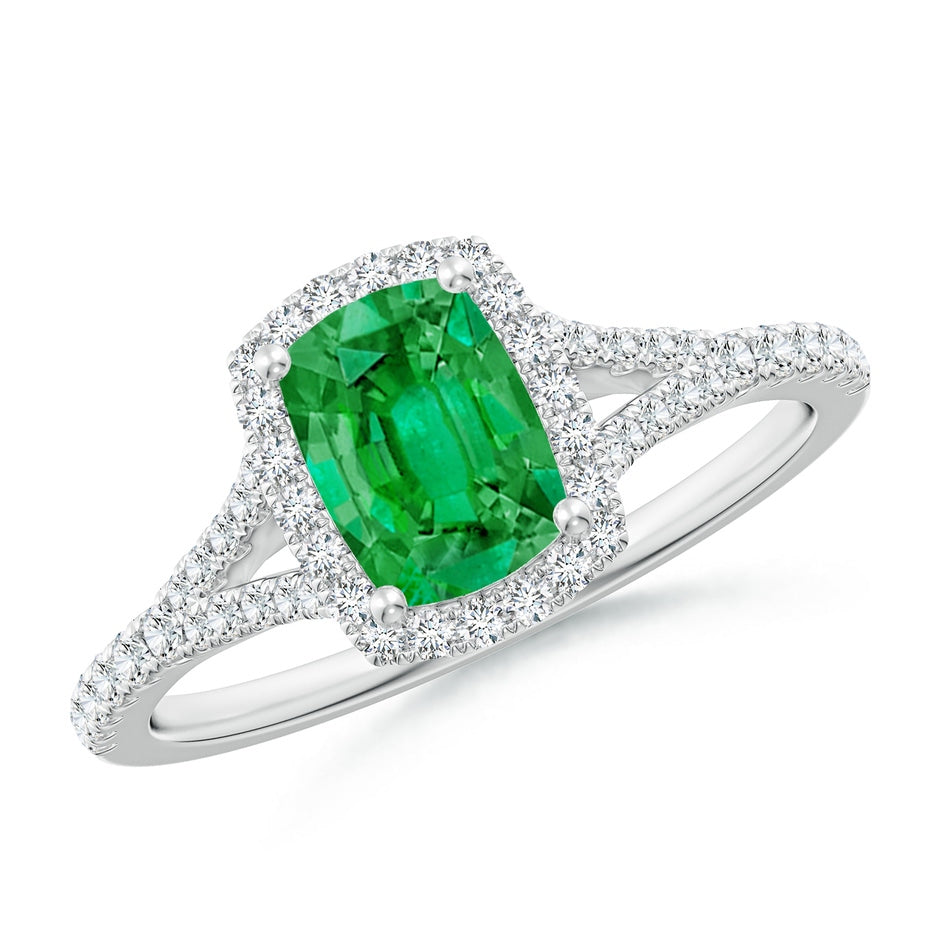 Cushion Rectangular Emerald Halo Split Shank Engagement Ring
