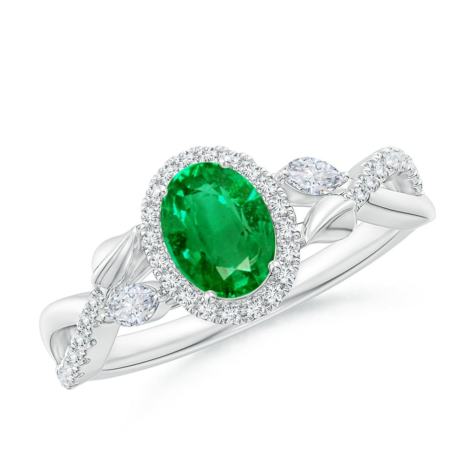 Oval Emerald Twisted Vine Ring with Diamond Halo