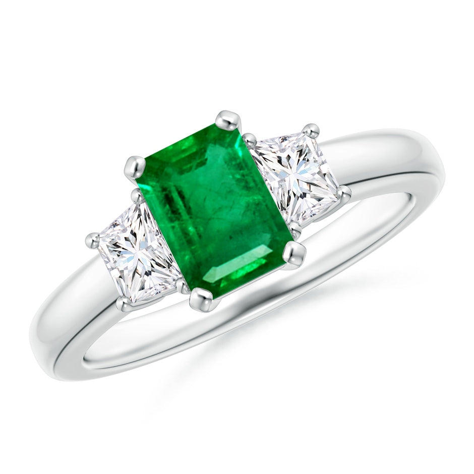 Emerald-Cut Emerald and Trapezoid Diamond Three Stone Ring