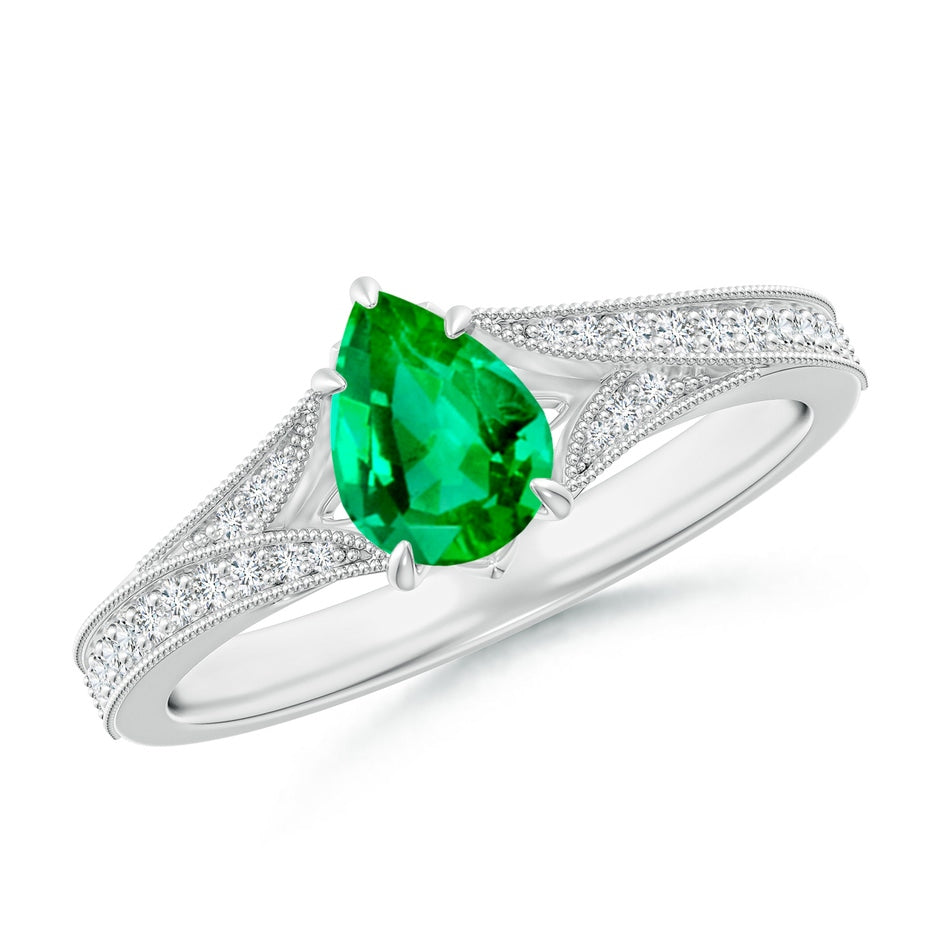 Vintage Inspired Pear Emerald Split Shank Engagement Ring