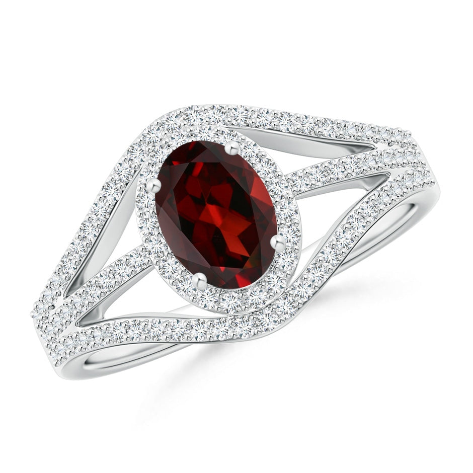 Triple Shank Oval Garnet and Diamond Halo Ring