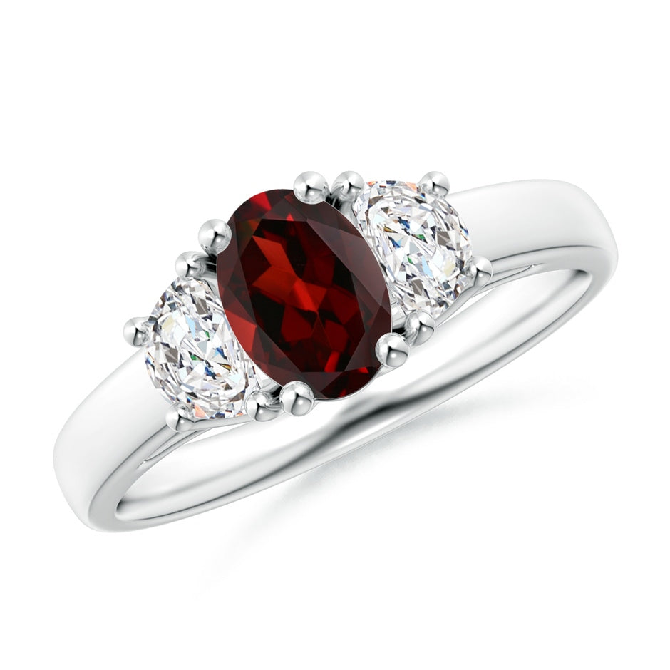 Three Stone Oval Garnet and Half Moon Diamond Ring