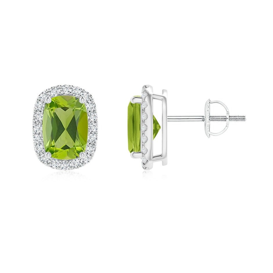Cushion Peridot Stud Earrings with Diamond Halo