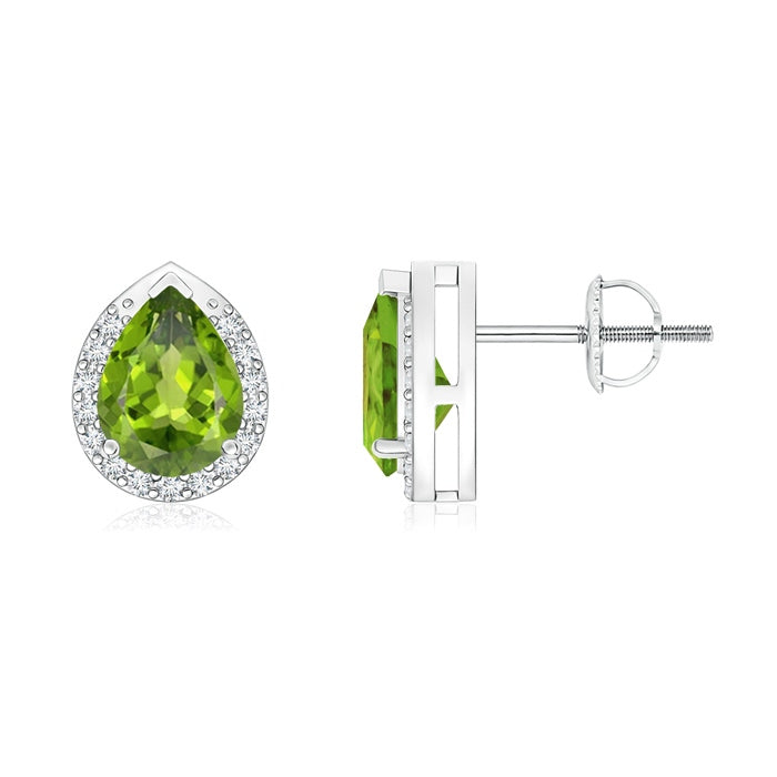 Pear-Shaped Peridot Stud Earrings with Diamond Halo
