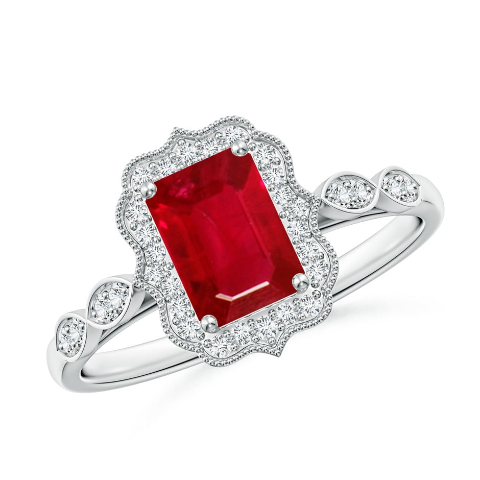 Vintage Inspired Emerald-Cut Ruby Ornate Halo Engagement Ring