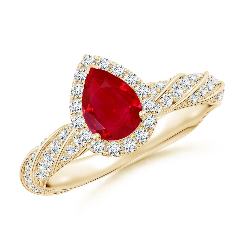 Pear Ruby Halo Twisted Rope Shank Engagement Ring