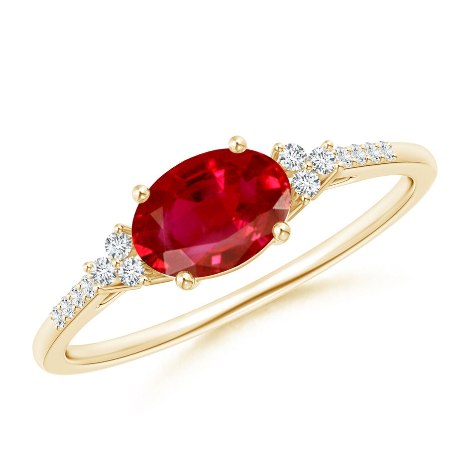 Horizontally Set Oval Ruby Solitaire Engagement Ring with Trio Diamond Accents