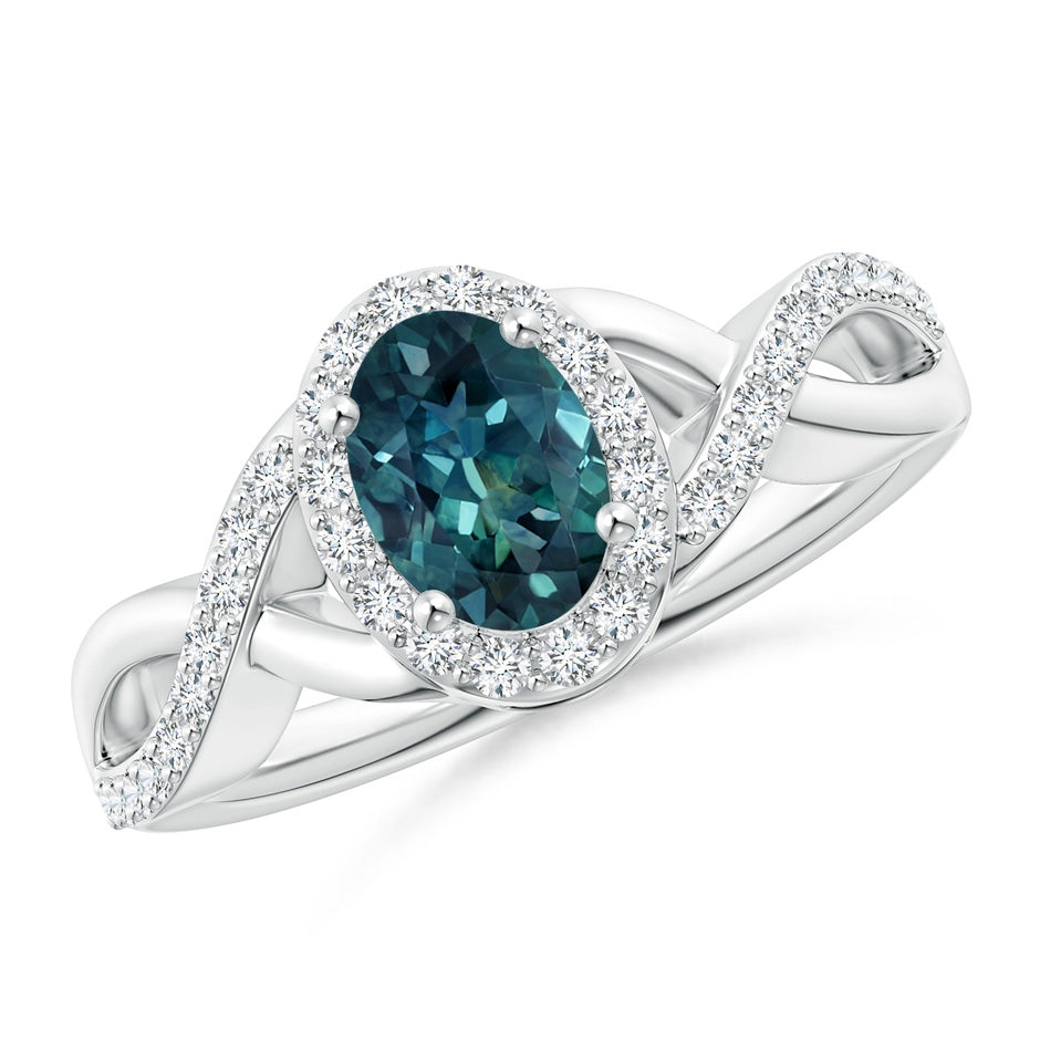 Oval Teal Montana Sapphire Crossover Ring with Diamond Halo