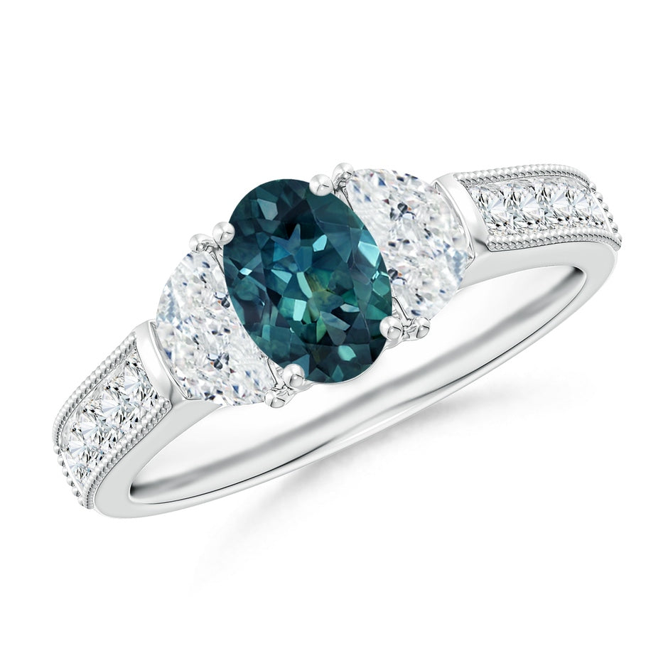 Oval Teal Montana Sapphire and Half Moon Diamond Three Stone Ring