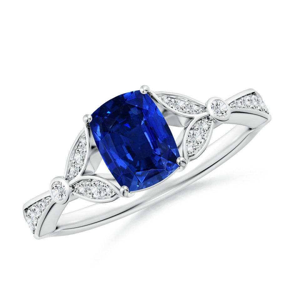 Lab-Grown Nature-Inspired Cushion Rectangular Blue Sapphire Engagement Ring with Leaf Motifs