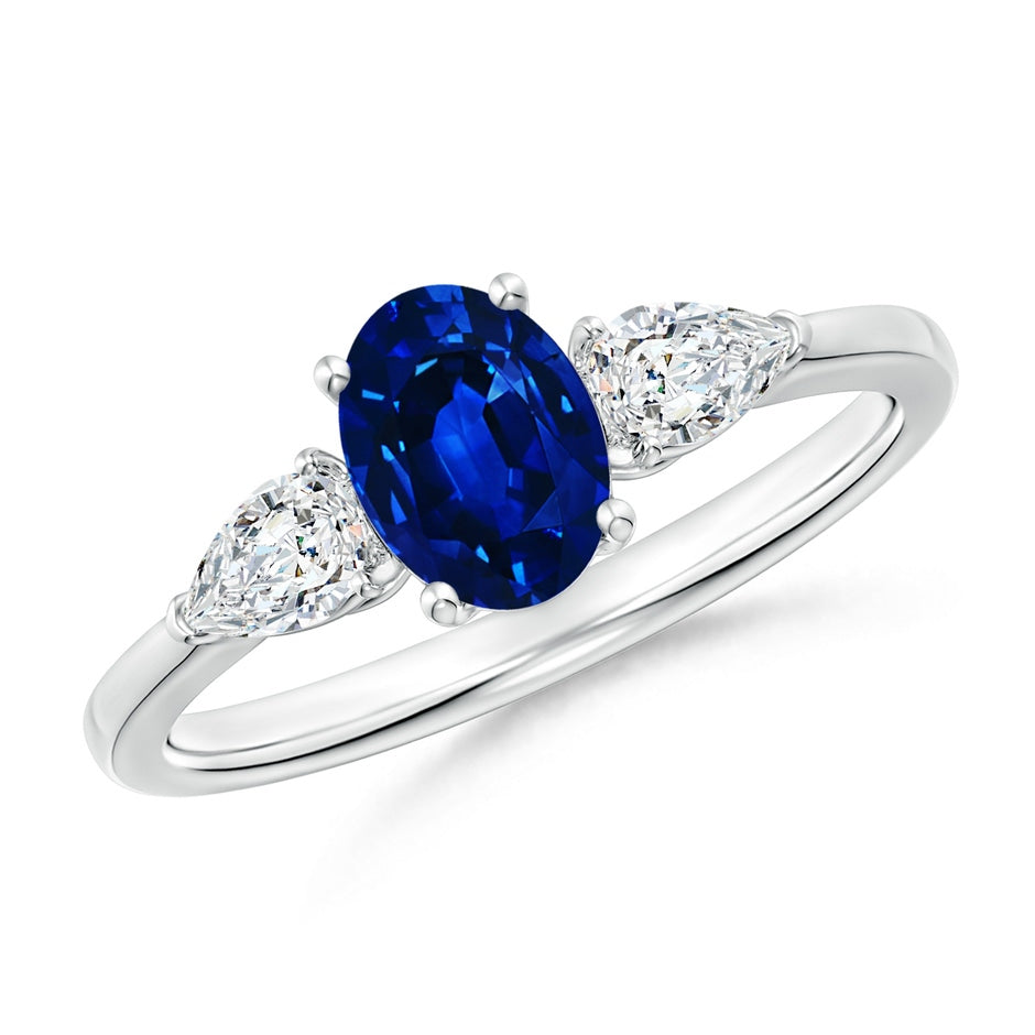 Oval Blue Sapphire Three Stone Ring with Pear Diamonds