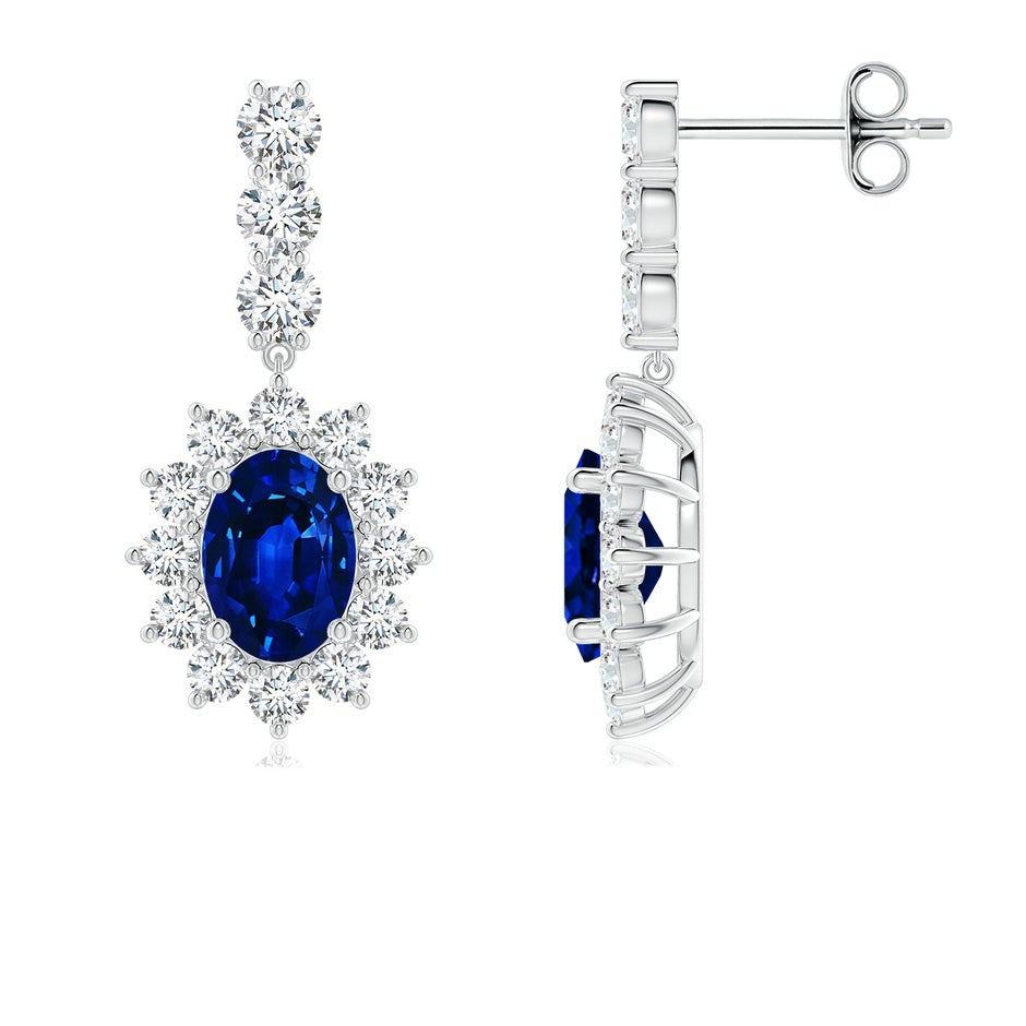 Oval Lab-Grown Blue Sapphire Floral Halo Dangle Earrings