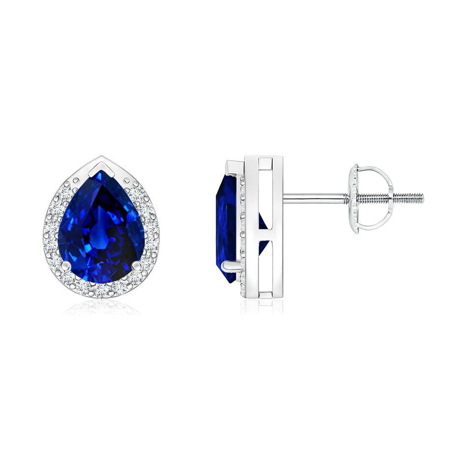 Lab-Grown Pear-Shaped Blue Sapphire Stud Earrings with Diamond Halo