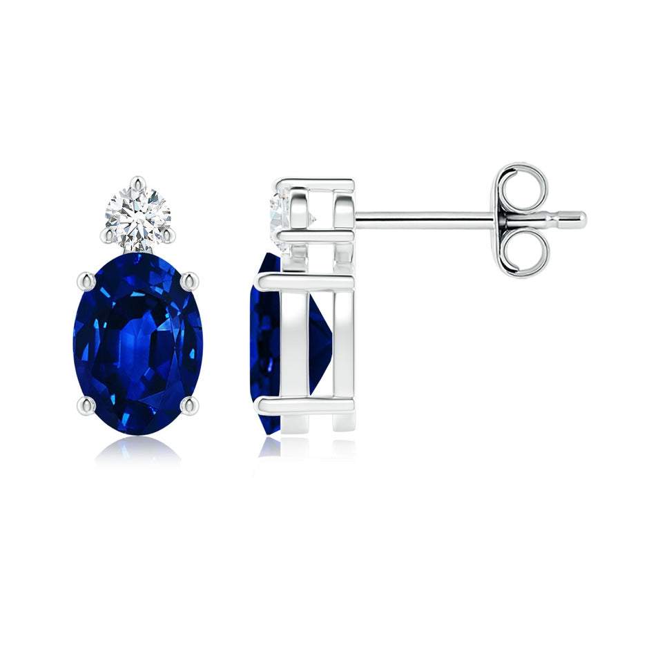 Lab-Grown Basket-Set Oval Blue Sapphire Stud Earrings with Lab Diamond