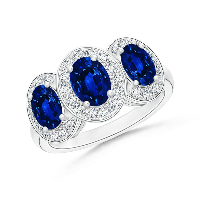 Lab-Grown Classic Three Stone Blue Sapphire Ring with Diamond Halo