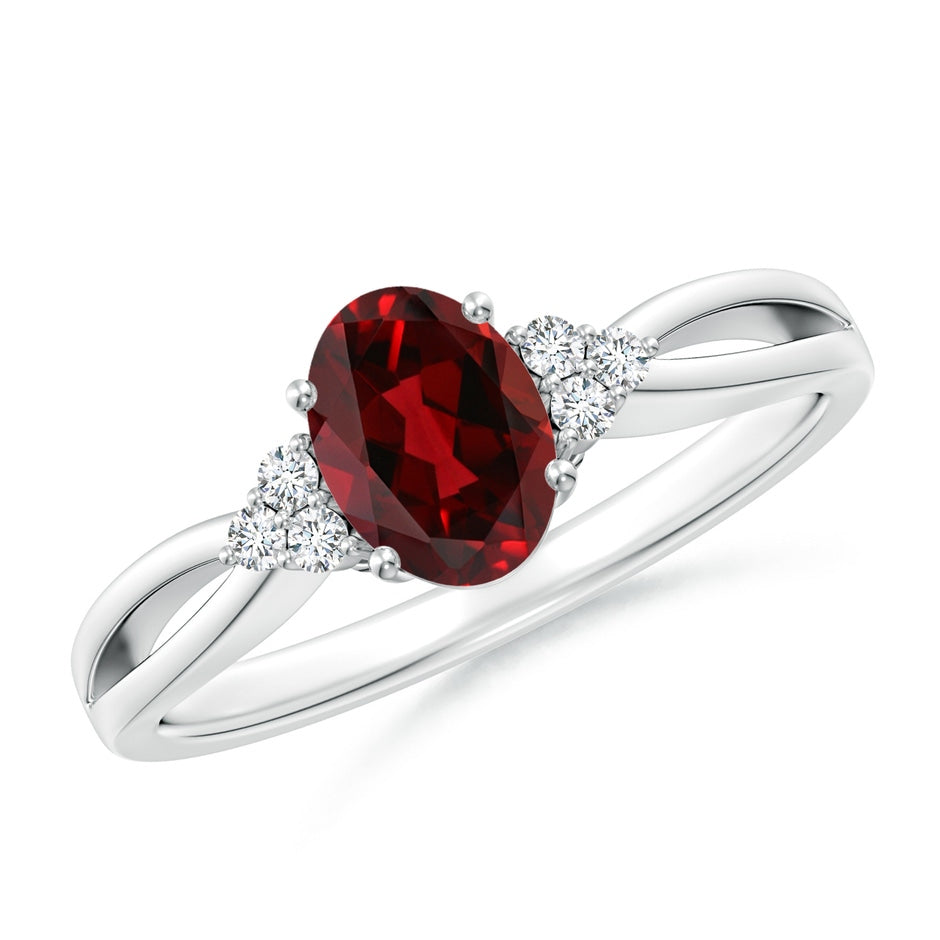 Solitaire Oval Garnet Split Shank Ring with Trio Diamonds