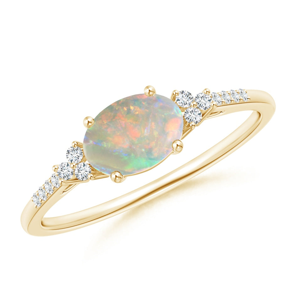 Horizontally Set Oval Opal Ring with Trio Diamonds