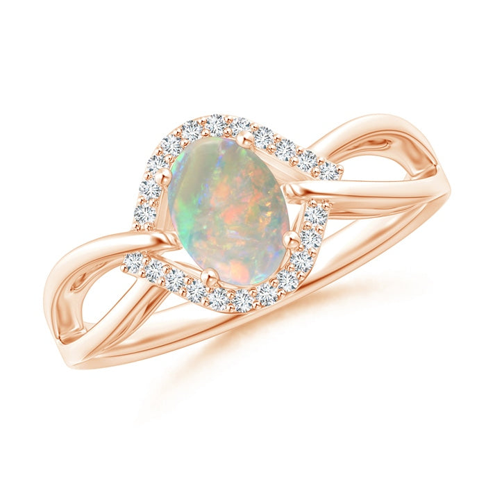 Oval-Shaped Opal Entangled Split Shank Ring with Diamond Halo