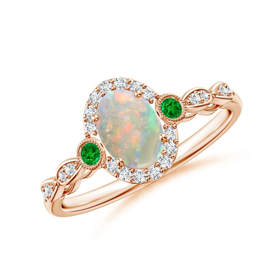 Vintage Oval Opal and Diamond Halo Ring with Bezel Emerald