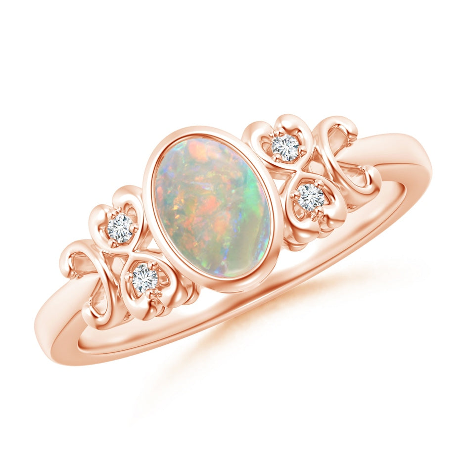 Vintage Style Bezel-Set Oval Opal Ring with Diamonds
