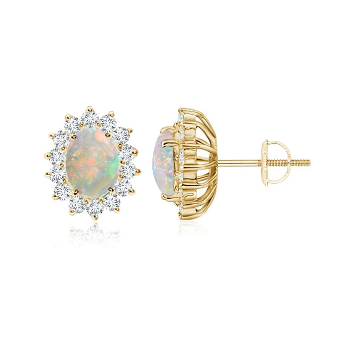 Oval Opal Flower Stud Earrings with Diamond Halo