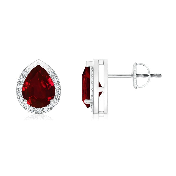 Lab-Grown Pear-Shaped Ruby Stud Earrings with Diamond Halo