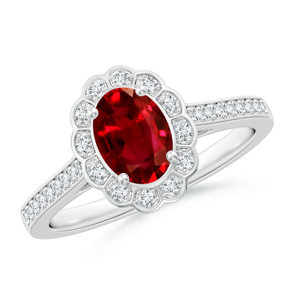 Lab-Grown Vintage Style Ruby & Diamond Scalloped Halo Ring